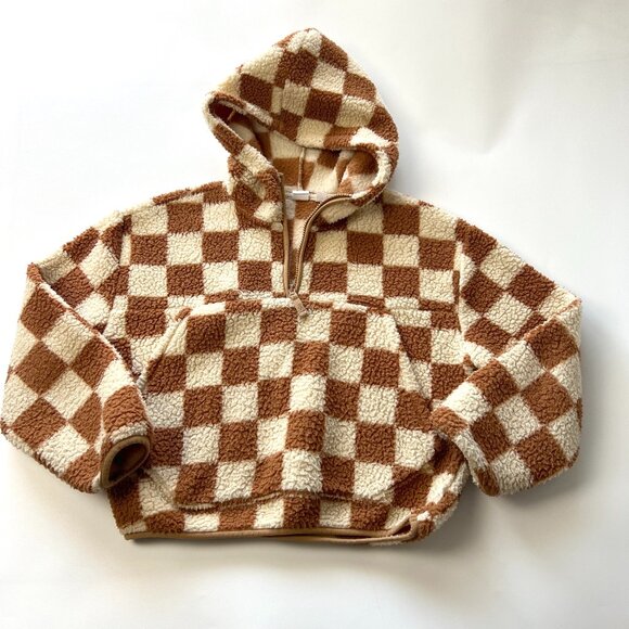 GAP Other - Gap Kids XL (12) Cream & Brown Checkered Hooded Fleece Pullover Jacket